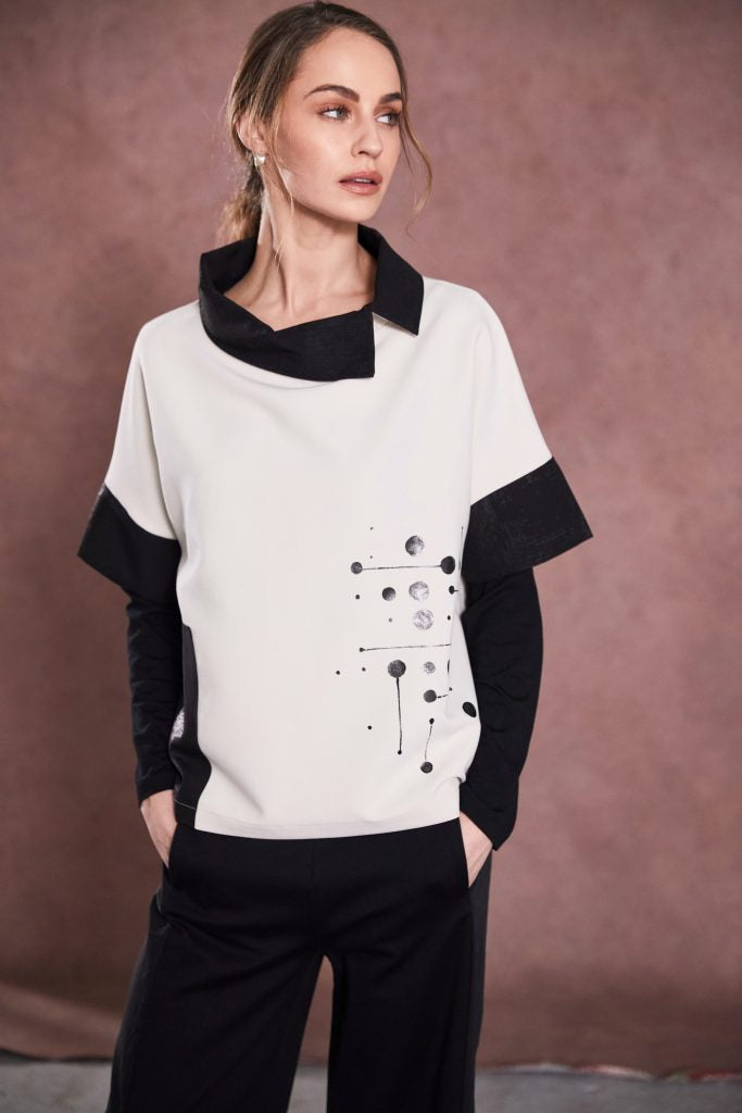 Naya print top with cutaway collar