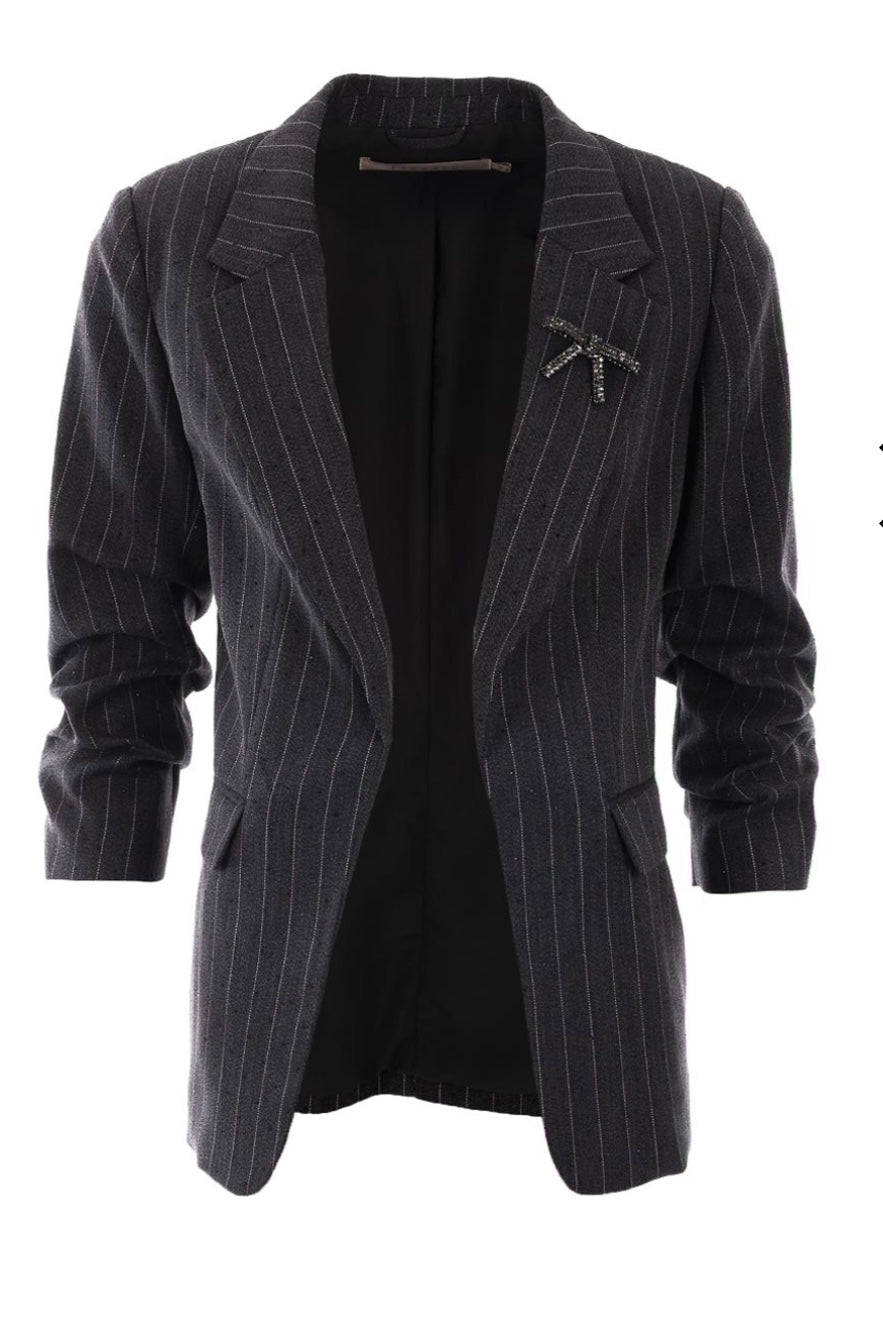 Esqualo Bow Brooch Blazer Pinstripe Grey